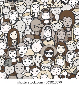 Seamless pattern of hand drawn people faces. Vector illustration of crowd of people