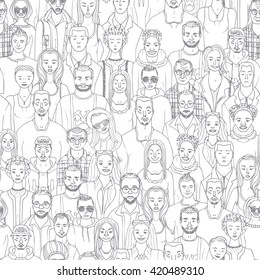 Seamless pattern of hand drawn people faces. Vector illustration of crowd of people