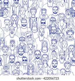Seamless pattern of hand drawn people faces. Vector illustration of crowd of people