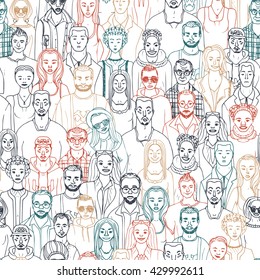 Seamless pattern of hand drawn people faces. Vector illustration of crowd of people