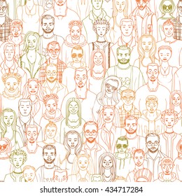 Seamless pattern of hand drawn people faces. Vector illustration of crowd of people