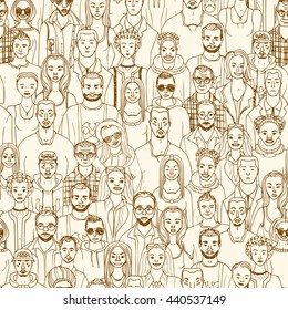 Seamless pattern of hand drawn people faces. Vector illustration of crowd of people