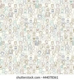 Seamless pattern of hand drawn people faces. Vector illustration of crowd of people