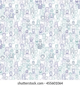 Seamless pattern of hand drawn people faces. Vector illustration of crowd of people