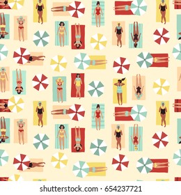 Seamless pattern of hand drawn people sunbathing, relaxing and reading books on the beach. Vector set of women in bikini lying on the beach towel, top view. Repeating summer background