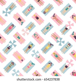 Seamless pattern of hand drawn people sunbathing, relaxing and reading books on the beach. Vector set of women in bikini lying on the beach towel, top view. Endless summer background with pretty girls