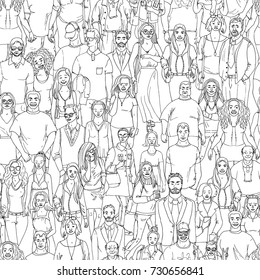 Seamless pattern of hand drawn people faces. Vector illustration of crowd of people