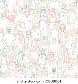 Seamless pattern of hand drawn people faces. Vector illustration of crowd of people