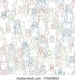 Seamless pattern of hand drawn people faces. Vector illustration of crowd of people