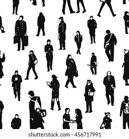 Seamless pattern of hand drawn people's figures. Different characters and poses on white background.