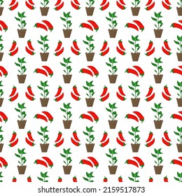 Seamless pattern of hand drawn pepper vegetable seedlings. Abstract contemporary cottegecore trendy floral vector illustration.  Cool design for garden and country textile