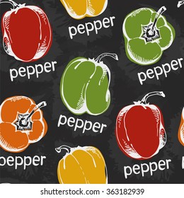 Seamless pattern with hand drawn peppers, food chalkboard background