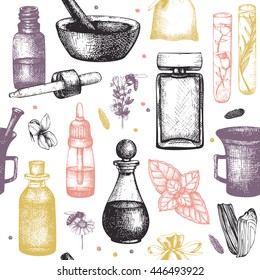 Seamless pattern with hand drawn perfumery and cosmetics materials sketch. Organic and floral perfume ingredients background. Vintage illustration