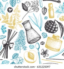 Seamless pattern with hand drawn perfumery and cosmetics materials sketch. Organic and floral perfume ingredients background. Vintage illustration