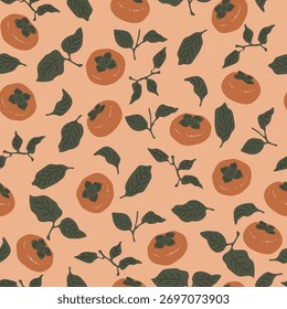 Seamless pattern with hand drawn persimmons and leaves pattern. Vector illusatration with fall fruits and green leaves on peach background. 