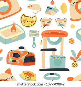 Seamless Pattern with Hand Drawn Pet Accessories.Flat Equipment for Cat Care. Cute Pet Store Elements for Design, Wallpaper, Textiles, Print, Wrapping Paper.Doodle Veterinary Illustration.