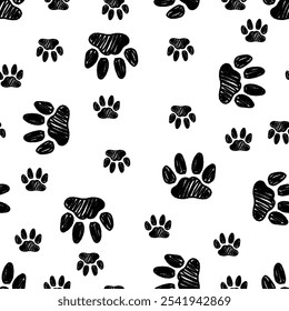 Seamless pattern with hand drawn pet paw prints. Domestic cat track footprints in brush stroke texture paint style. Great for textile, fabric, wallpaper, wrapping, scrapbook and packaging