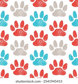 Seamless pattern with hand drawn pet paw prints. Domestic cat track footprints in brush stroke texture paint style. Great for textile, fabric, wallpaper, wrapping, scrapbook and packaging