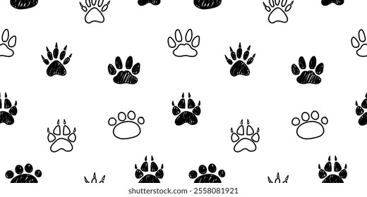 Seamless pattern with hand drawn pet paw prints. Domestic cat or dog track footprints in brush stroke texture paint style. Modern print for textile, fabric, wallpaper, wrapping and packaging