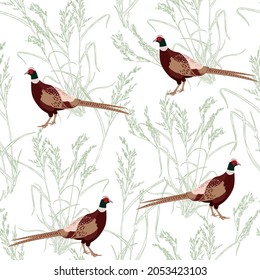 Seamless pattern with hand drawn pheasants and plants, grass on a white background svg