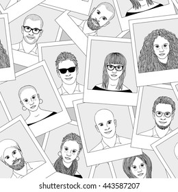 Seamless pattern of hand drawn photographs (same man and woman with different hair styles)