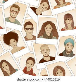 Seamless pattern of hand drawn photographs  (same man and woman with different hair styles)