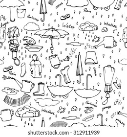 Seamless pattern with hand drawn pictures of rainy weather, autumn motives, umbrellas, water. Hand drawn rain, water, autumn set. Vector illustration. White background, black strokes
