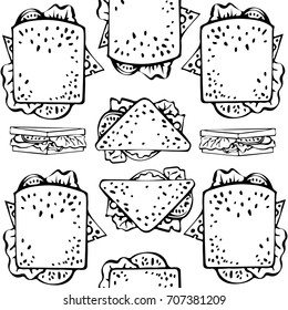 Seamless pattern with hand drawn pictures of different toasts: square, triangle toasts. Upper view and side view of a toast. Ornament for wrapping paper. Vector illustration. Meal collection