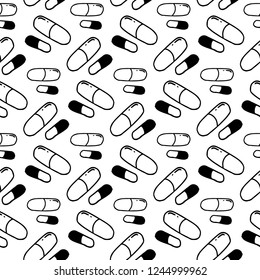 Seamless pattern hand drawn pills doodle. Sketch style icon. Decoration element. Isolated on white background. Flat design. Vector illustration.
