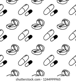 Seamless pattern hand drawn pills doodle. Sketch style icon. Decoration element. Isolated on white background. Flat design. Vector illustration.
