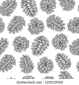Seamless pattern with hand drawn pine cones. Vector illustration engraved. Design for Christmas greeting cards and packaging.