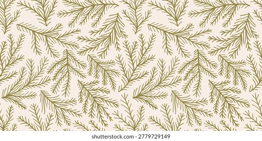 Seamless pattern with hand drawn pine branches and fir needles. Minimalist spruce branch pattern for christmas, winter decor and holiday design