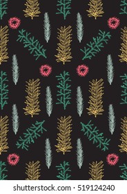 Seamless pattern with hand drawn pine fir branches. Vector illustration. Vintage holiday background. 