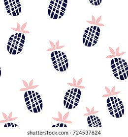 Seamless pattern with hand drawn pineapple silhouettes in modern style isolated on white background. Perfect minimalistic design for background, paper, textile.