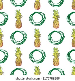 Seamless pattern with hand drawn pineapples and green circles, vector illustration