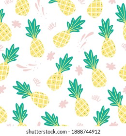Seamless pattern with hand drawn pineapples in a white background. Simple illustration in a flat style. It can be used for decoration of textile, paper and other surfaces.