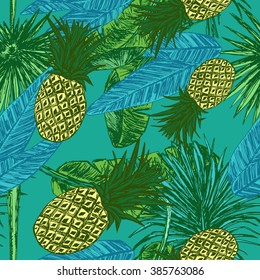 Seamless pattern with hand drawn pineapples and leaves