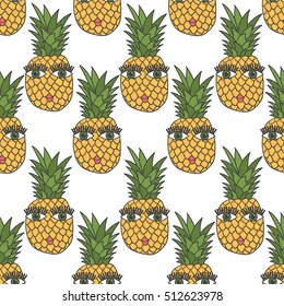 Seamless pattern with hand drawn pineapples icons. Sketch illustration vector. Colorful background with fruits splash. Decorative wallpaper, good for printing