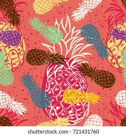 Seamless pattern with hand drawn pineapples, exotic fruit. Vector illustration is perfect for fabric, textile, wrapping paper and other decoration design.