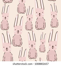 Seamless pattern with hand drawn pink bunny. Creative childish background. Perfect for kids apparel,fabric, textile, nursery decoration,wrapping paper.Vector Illustration