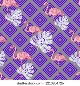 Seamless pattern with hand drawn pink flamingo leaves and geometric shapes, vector illustration