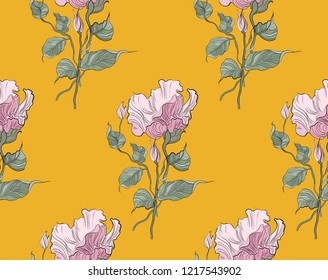 Seamless pattern, hand drawn pink pale Eustoma.