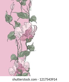 Seamless pattern, hand drawn pink pale Eustoma.