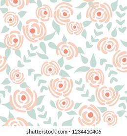 Seamless pattern with hand drawn pink flowers in scandinavian style. Creative flat minimal texture. Blue vector floral background great for fabric, textile and wallpapers.