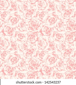 Seamless pattern of hand drawn pink roses. Floral background in pastel tones. 