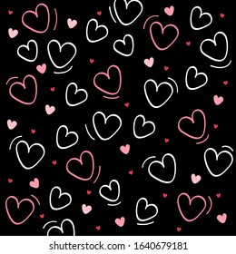 Seamless pattern hand drawn pink   white hearts black background  Vector illustration