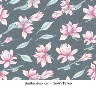 Seamless pattern with hand drawn pink flowers