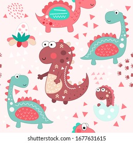 Seamless pattern with hand drawn pink and mint dinosaurs and baby dino. Vector Illustration. Kids illustration for nursery design. Cool Dino style trendy for baby clothes, wrapping paper.