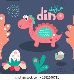 Seamless pattern with hand drawn pink dinosaur and bird on blue background. Vector Illustration. Kids illustration for nursery design. Dino style trendy for baby clothes, wrapping paper.