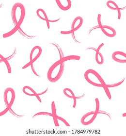 Seamless pattern with hand drawn pink ribbon. Breast cancer awareness background.